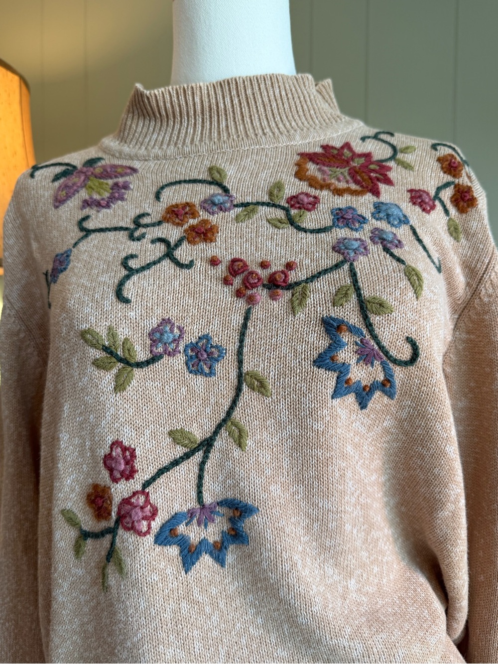 Alfred Dunner Vintage Embroidered Sweater Heathered Tan Floral Pattern Fall - Picture 5 of 13